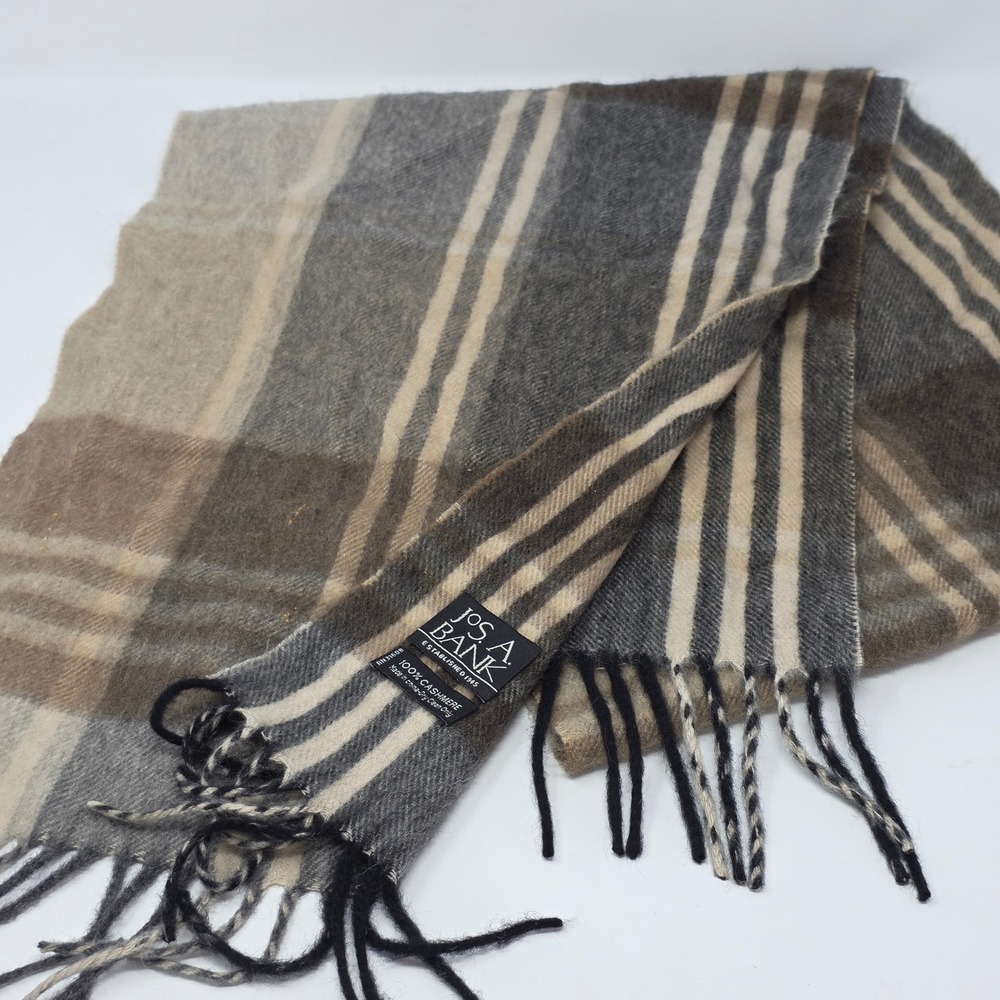 Jos A Bank 100% Cashmere Scarf Grey Beige Plaid Fringed Winter Neck Wear